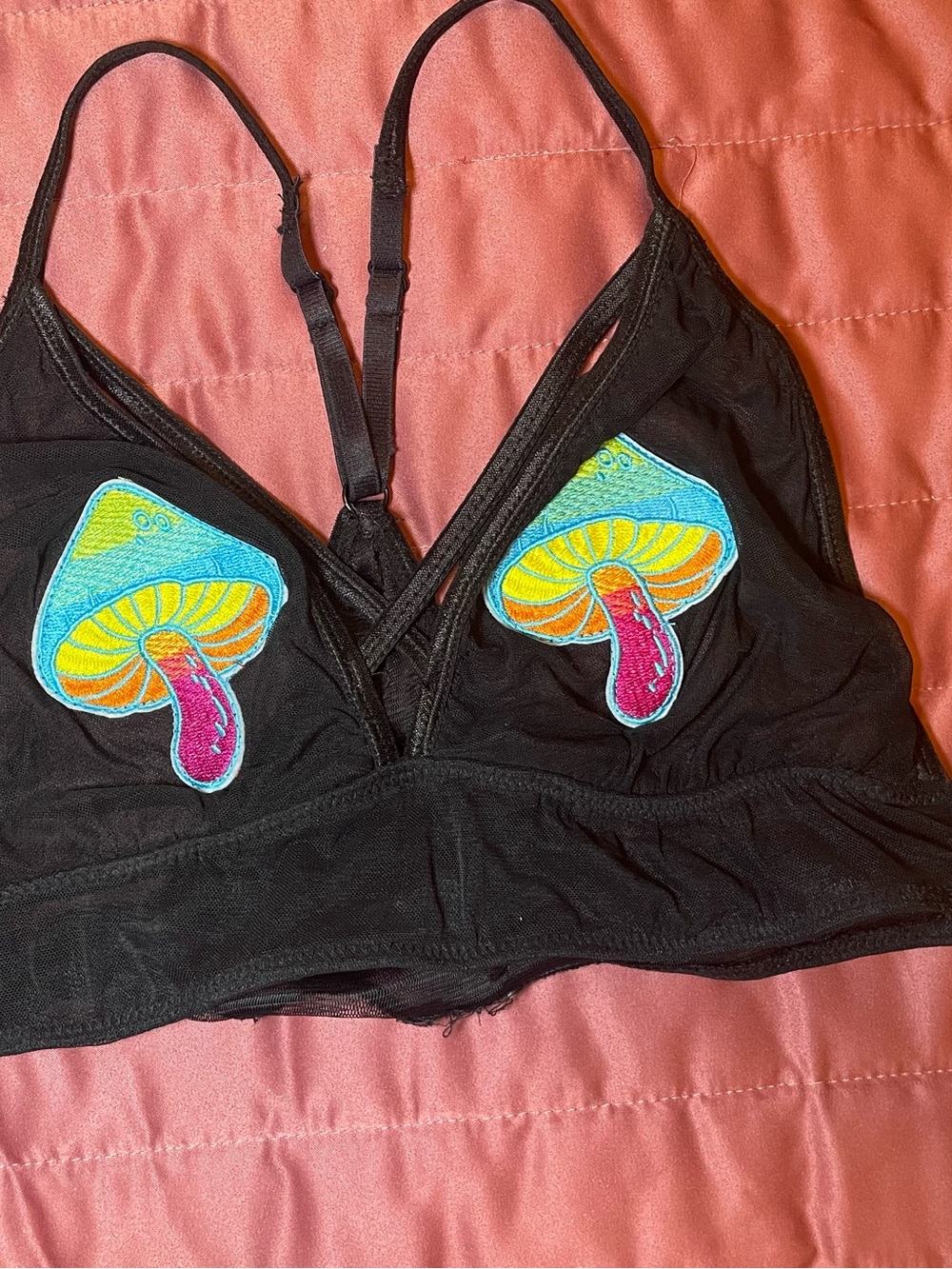 New Body Rage Black Mesh Mushroom Embroidered Bralette Bra S/M, Adjustable